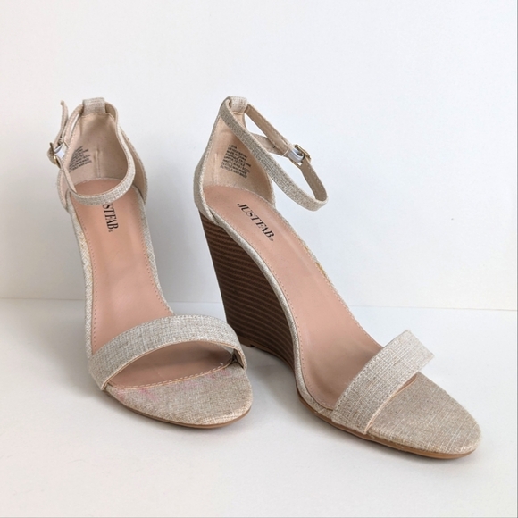 JustFab Liota Sandal Ankle Strap Stacked Heel Open Toe Linen Natural Beige sz 10 - Picture 1 of 12